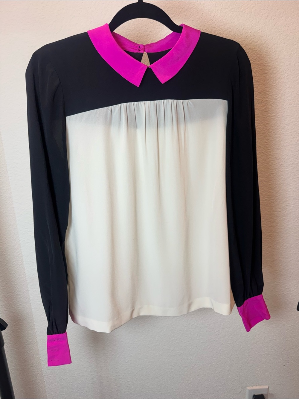 Black Ivory & Hot Pink Colorblock Collared Long Sleeve Blouse